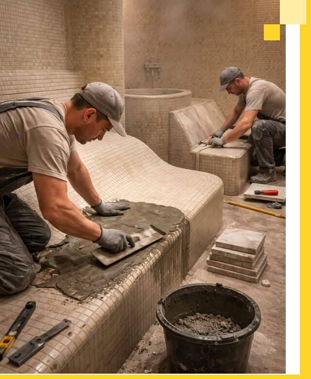 Лежаки для хамама под ключ в Новокузнецке, проект и монтаж