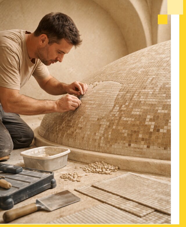 Профессиональная укладка мозаики для хамама под ключ в Новокузнецке